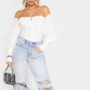 Pretty Little Thing White Woven Frill Bardot Hook And Eye Shirt